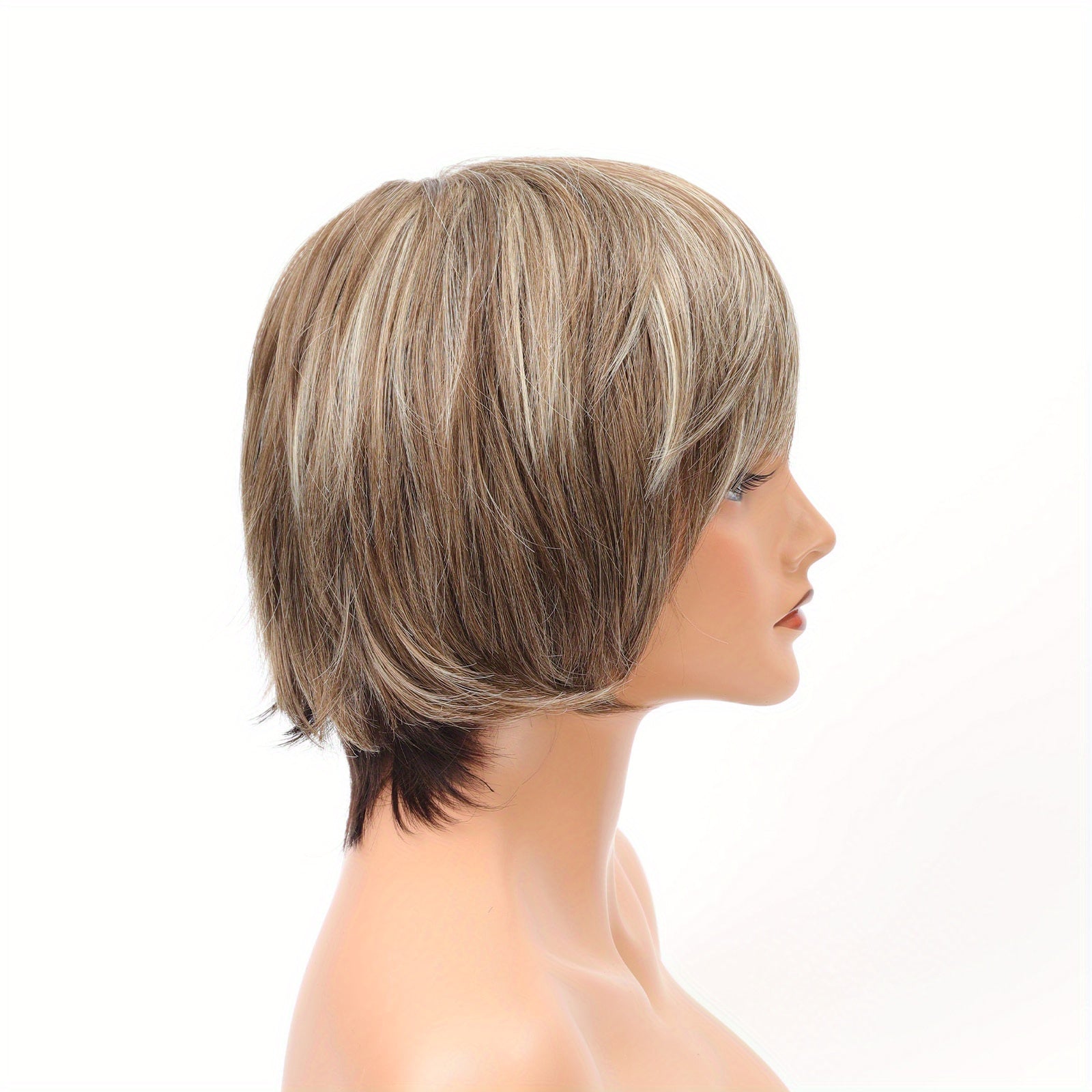 TEMU Women's Brown With Blonde Highlights Cut Short Straight Synthetic Wig With Bangs - Natural-looking Layered Highlights, Comfortable , For White
