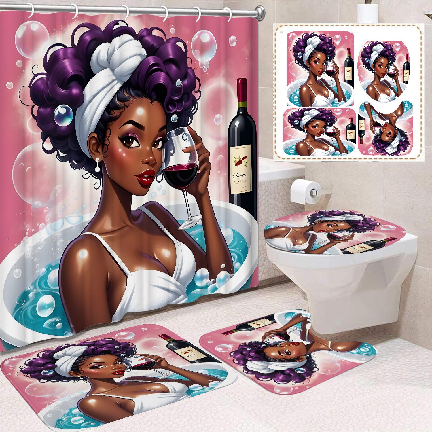 YL-37493 Shower Curtain African Girl Home Bathroom Decorative Curtain Toilet Floor Mat Toilet Non-slip Floor Mat
