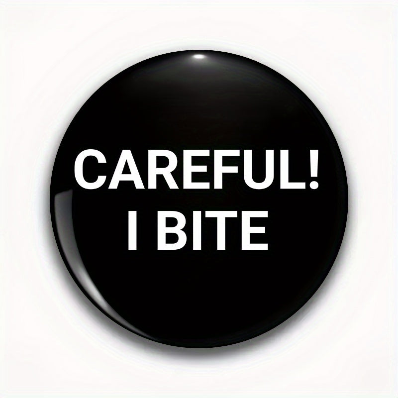 TEMU 1pc "careful! I Bite" Round Pin - Black & White Cartoon , Durable Plastic-metal Fashion Accessory For Men, Women, Backpacks, Hats - Fun Gift For