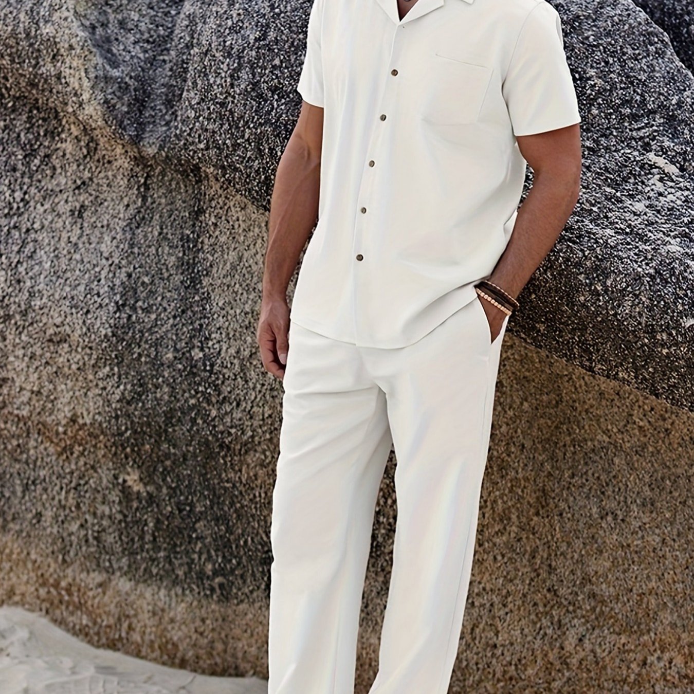 TEMU 2 Men's Fashionable, Simple And Loose Fit Short Sleeved Button Casual Collar Shirts And Pants, Suitable For Outdoor Dating, Beach Vacation