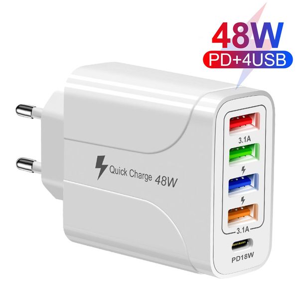 48W USB-C Charger 5 Port PD 18W USB Type C Fast Charging QC3.0 Power Adapter Wall Chargers US EU UK Plugs For Iphone 15 Plus Samsung S23 Utr
