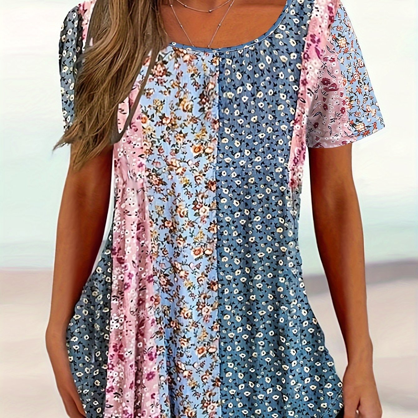 TEMU Women's Floral Print T-shirt - Casual Mom Style, Short Sleeve, Round Neck, Vibrant Design, Spring-summer Vacations, Summer Fashion | Vibrant