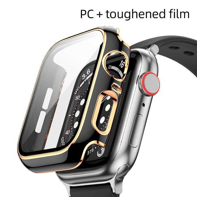 Tempered Glass with PC Cover watch band for Apple Watch 7 6 SE 45 Mm 41mm 44mm 40mm 42mm 38mm All-around Screen Protector Case for Iwatch Series 5 4