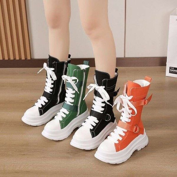 2024 New Spring Tall Sneakers Women Canvas Casual High Top Shoes Long Lace-Up Zipper Comfortable Flat Boots ZJ29