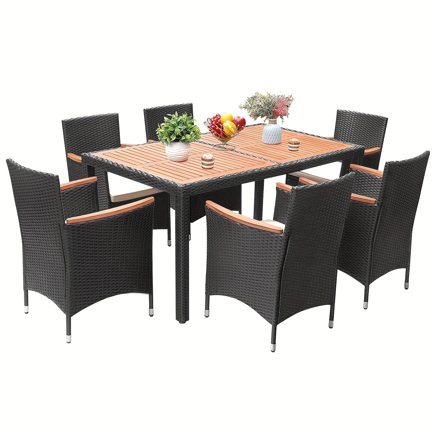 TEMU Outdoor Dining Set With Pe Rattan Wicker And Acacia Wood Tabletop, Patio Furniture Set With Curved Wood Armrest Chairs And Cushions
