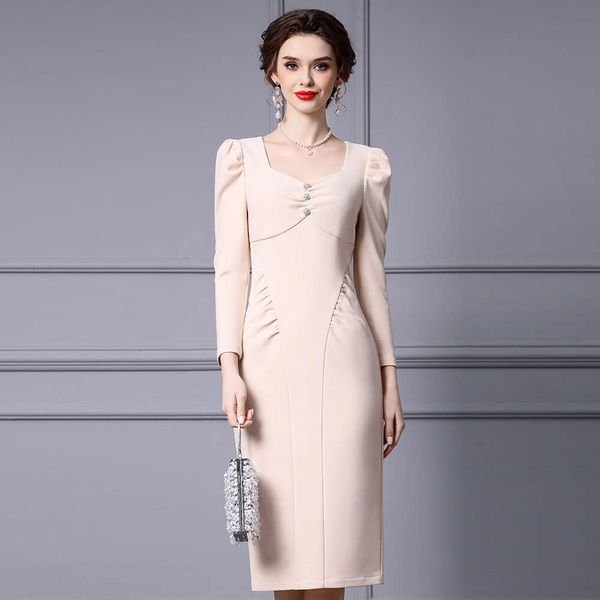 Smart French Light Luxury Intellectual Temperament Bag Hip Skirt High Waist Nine Quarter Bubble Sleeves Exposed Collarbone Dress 2024 Autumn