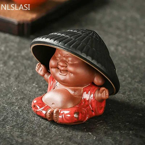 Creative purple clay tea pet with tea filter monk Buddha statue decoration handmade craft tea set decoration accessories W240815