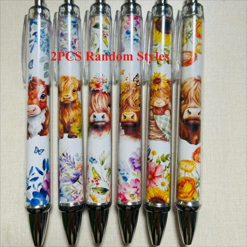 TEMU 2pcs Random Style Highland Cow Pens Cow Print Pen Kawaii Cute Supplies Accessories Items Stationary For School Home Office Desk Planner Decor