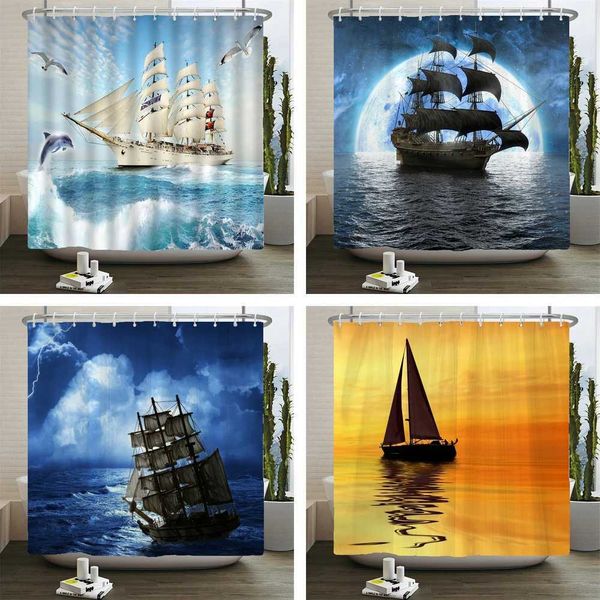 Sailboat Waterproof Bathroom Shower Curtains Sea Navigation Bath Curtains 3d Printing With Hooks 180*180cm Washable Cloth Y240815