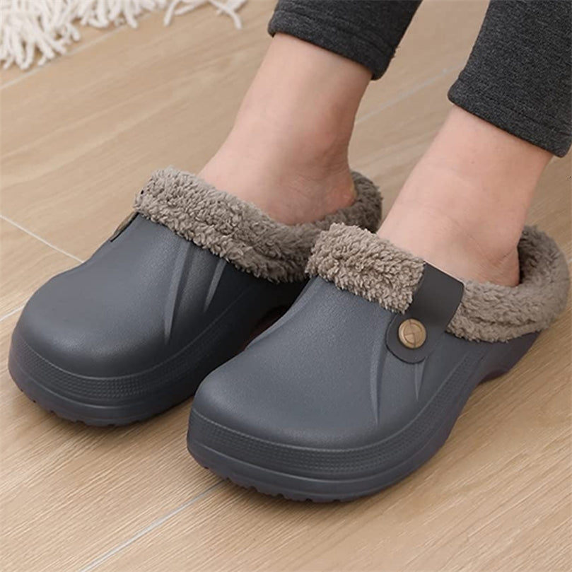 Comwarm winter collar slippers mens waterproof garden shoes home fur slippers soft plush slippers bedroom fuzzy shoes indoor and outdoor 240919