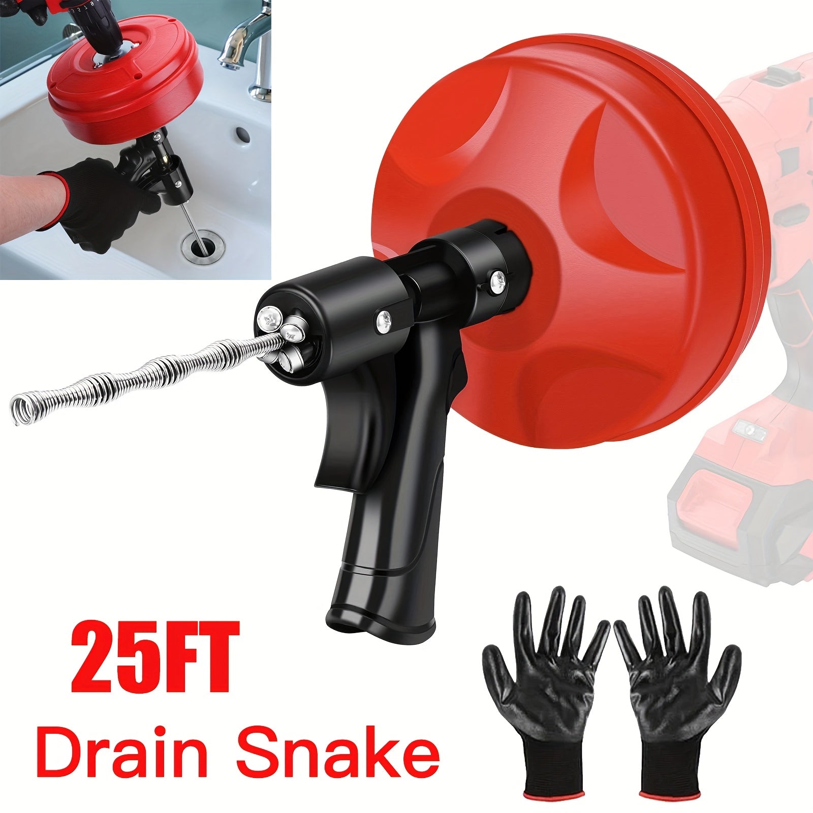 TEMU 25ft Heavy Duty Drain Auger Plumbing With Drill Adapter - Manual & Powered Use, & Tempered Carbon Steel Cable, 1-4" Spiral Head For 1-3" Pipes,