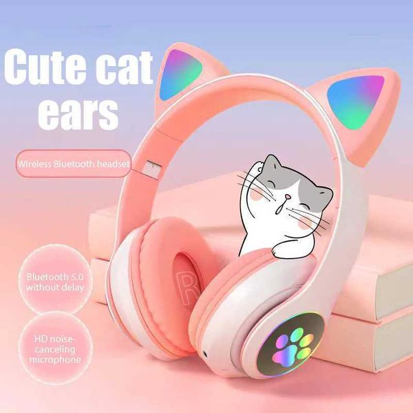 LED Cute Cat Ears phones Wireless set with Mic TF FM Kid Girl Stereo Music Earbud Kitten Earphone Gift Z250210