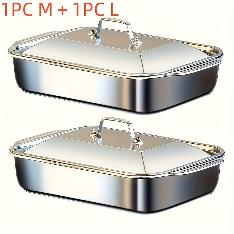 TEMU 2-pack Heavy-duty Stainless Steel Baking Pans With Lids - Microwave & Oven Safe, Double Handle Large Rectangular Trays, Stackable