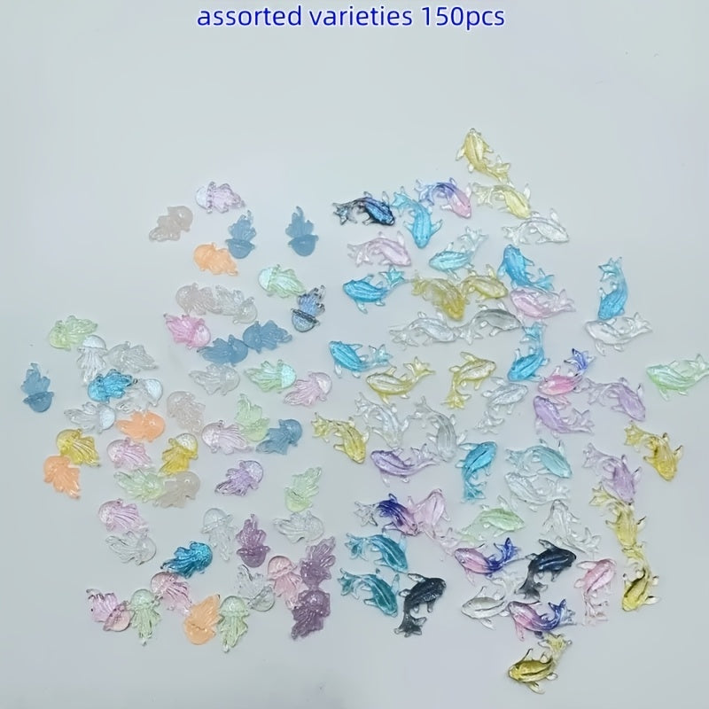 TEMU 150pcs Mini Ocean Animal Resin Charms Set - Vibrant Fish & Jellyfish Beads, No-hole Flat Back For Diy Nail Art, Jewelry Making, Scrapbooking &