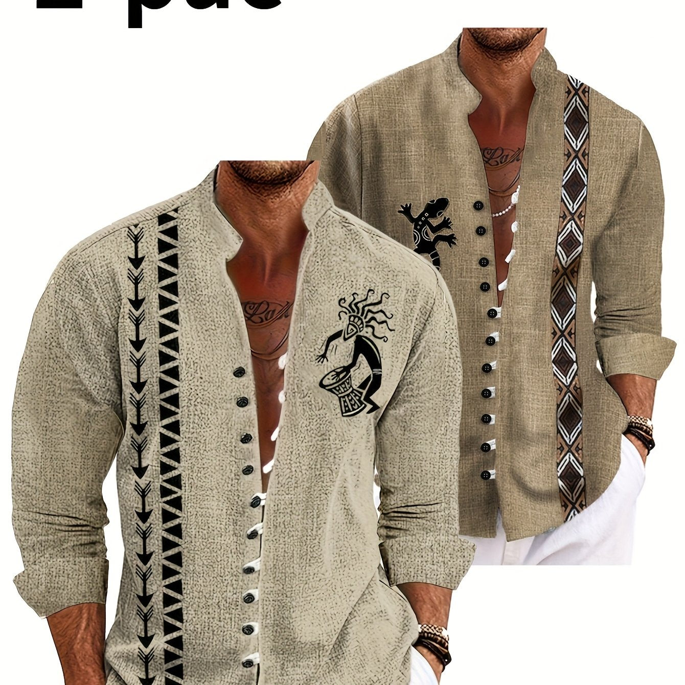 TEMU 2 - Pack Men's Ethnic - Style Long - Sleeve Shirts - Featuring Geometric And Totem Prints, Chinese - Style Standing Collar Design, Comfortable