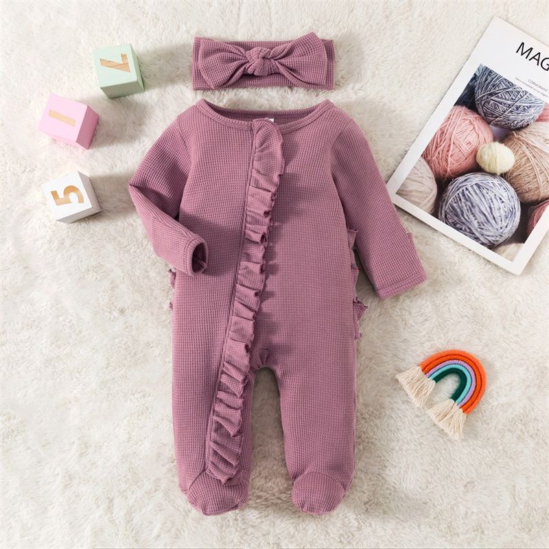w469 Infant BabyGirl Footies Rompers Solid Color Long Sleeve Jumpsuits Winter Fall Clothes Bodysuits with Headband