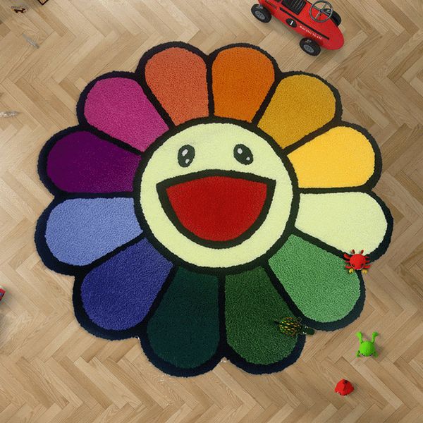 Carpet INS Cartoon Flower Round Carpet Antislip Children&#039;s Playground Soft Plush Rugs Coffee Table Rug Living Room Decor Floor Mats 230