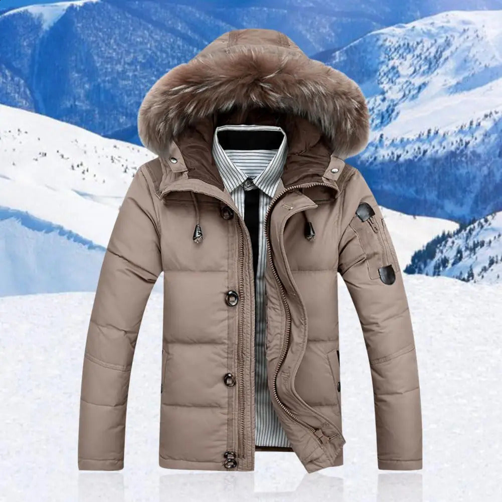 Men Down Jacket Fur Collar Hooded Drawstring Long Sleeve Solid Color Winter Coat Zipper Placket Pockets Thickened Puffer Outwear 240909