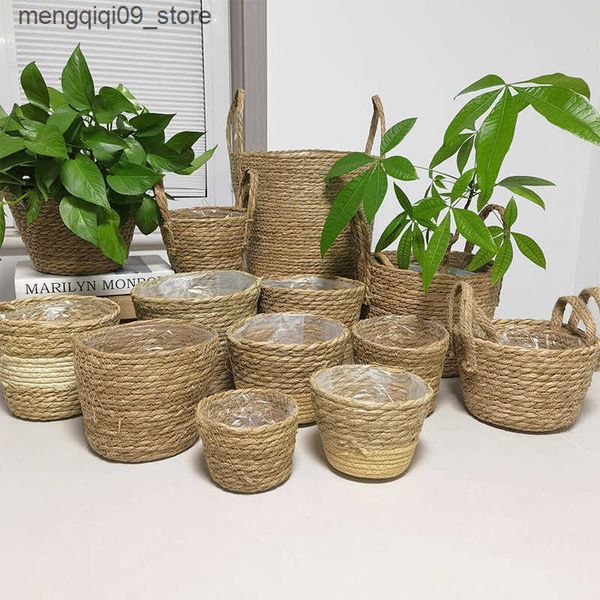 Planters Pots Handmade straw flower pots flower pots potted plants fresh flowers home hugging buckets flower baskets woven storage baskets L