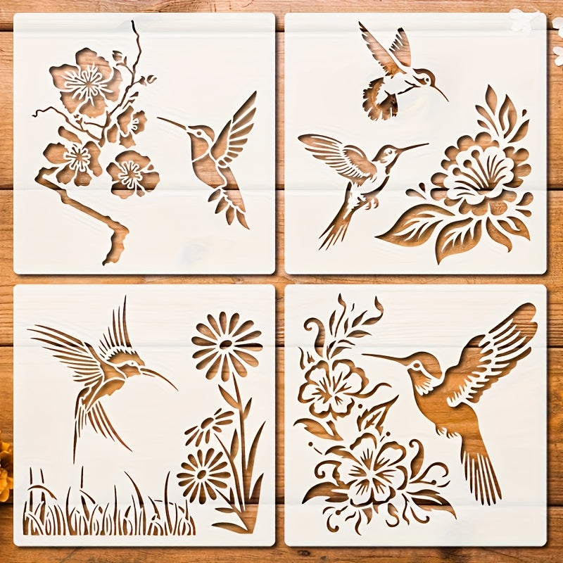 TEMU 4pcs Hummingbird & Floral Branch Painting Templates - 7-inch Reusable Plastic Stencils For Diy Craft, Wood Signs, Canvas, Furniture, Porch Decor