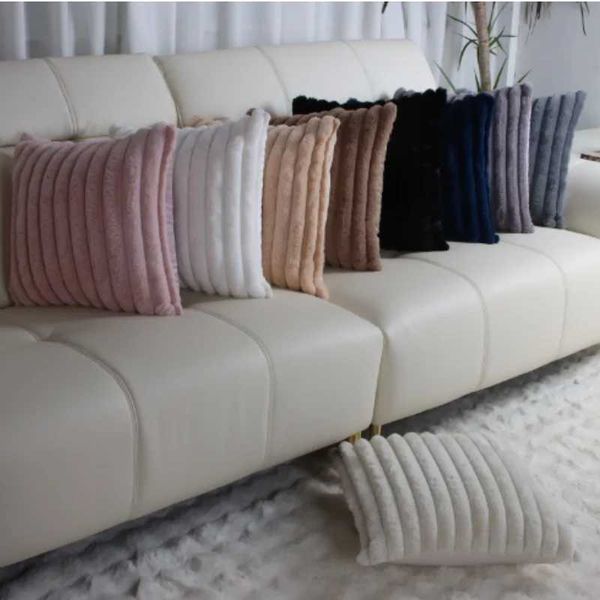 Pillow Case 45x45cm INS Faux Fur Plush Throw Cover Modern Striped Soft White case Waist Cushion Home Sofa Couch Bedroom DecorC241109