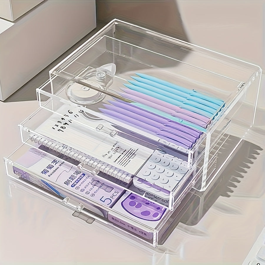 TEMU Three-layer Large-capacity Acrylic Desktop Storage Box, Transparent Large-capacity Storage Box, Creative Student Pen Holder, Stationery Tape