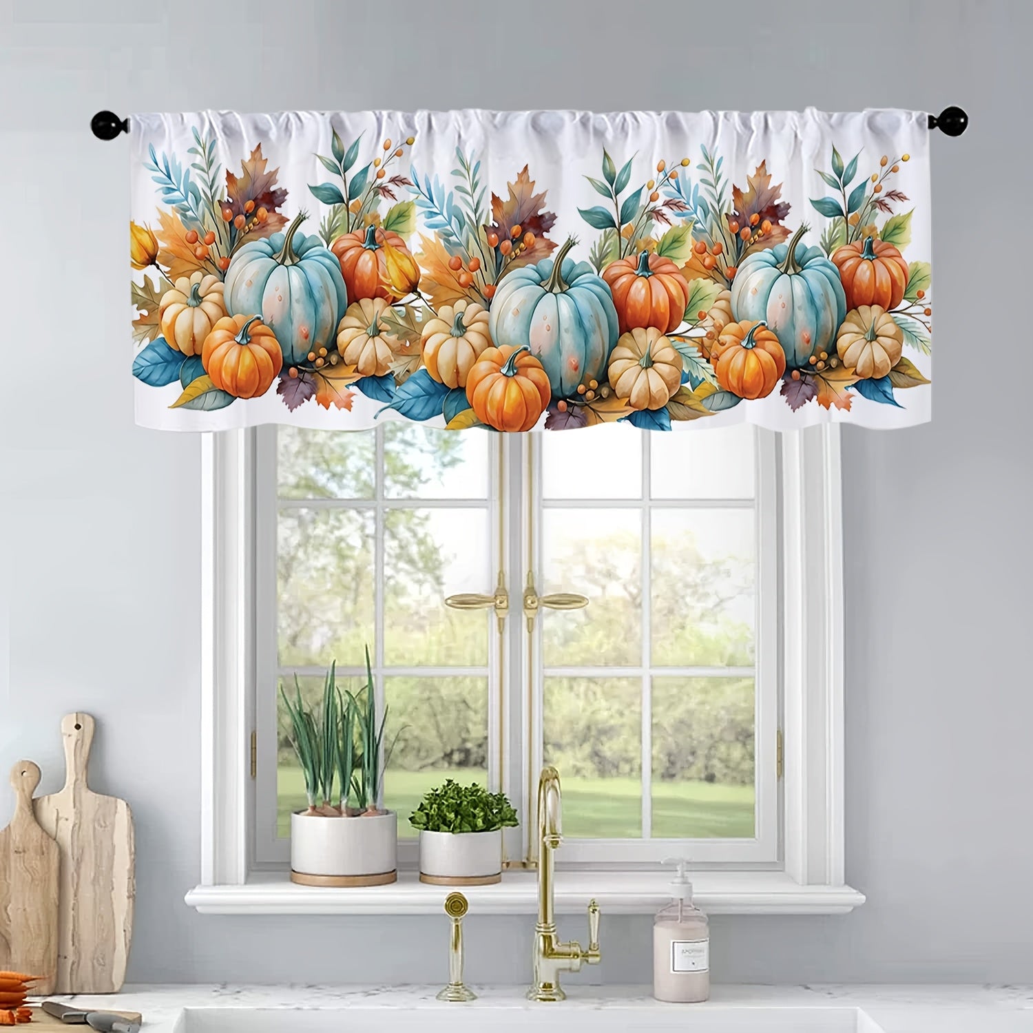 TEMU 1 Panel Reversible Watercolor Pumpkin & Maple Leaf Autumn Thanksgiving Print Kitchen Curtain - 100% Polyester Light Filtering Machine Washable,