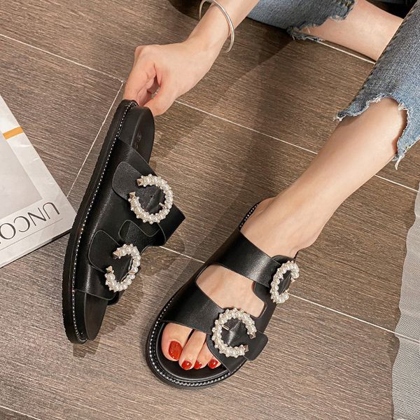 Pearl buckle slippers women&#039;s summer wear new ins tide sandals thick-soled pullover toe plus-size women&#039;s shoes