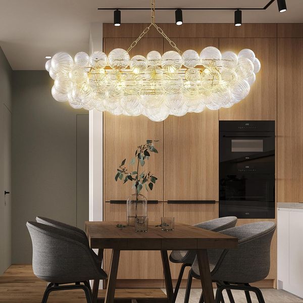 Nordic Dining Room Bubble Ball Swivel Glass Chandelier Table Top 51&quot; Large Gold and Clear Blown Water Wave Glass Kitchen Island Light F