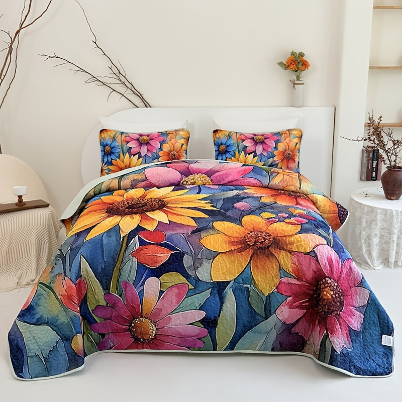 TEMU 2-3pcs Colorful Sunflower Flowers And Plants Quilted Quilt, 1pc Quilted Quilt+ 1-2pcs Pillowcases, Soft Breathable Comfortable Portability