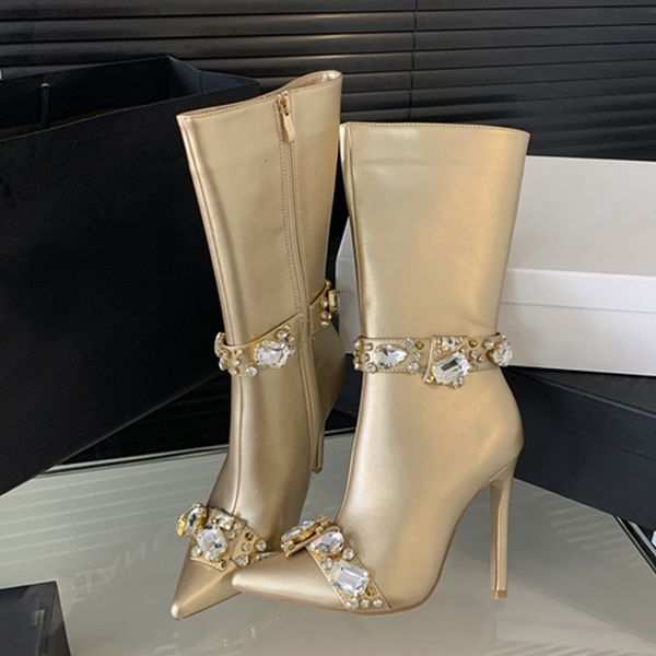 Liyke Autumn Winter Zip Cozy Leather Ankle Boots Women High Quality Crystal Dia Pointed Toe Stiletto Heels Party Prom Shoes 5a4a