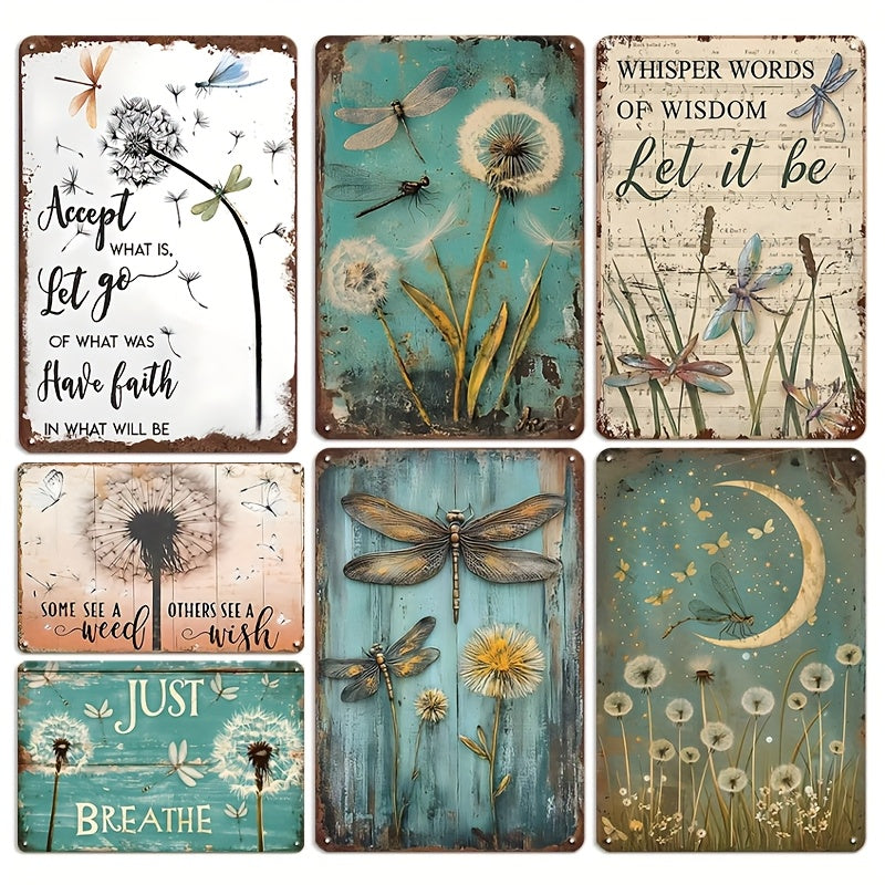 TEMU 7pcs Vintage And Dandelion Themed Metal Signs, Rustic Flower Wall Decor With Inspirational Quote, Gardening Decor Tin Signs For Kitchen, Cafe,