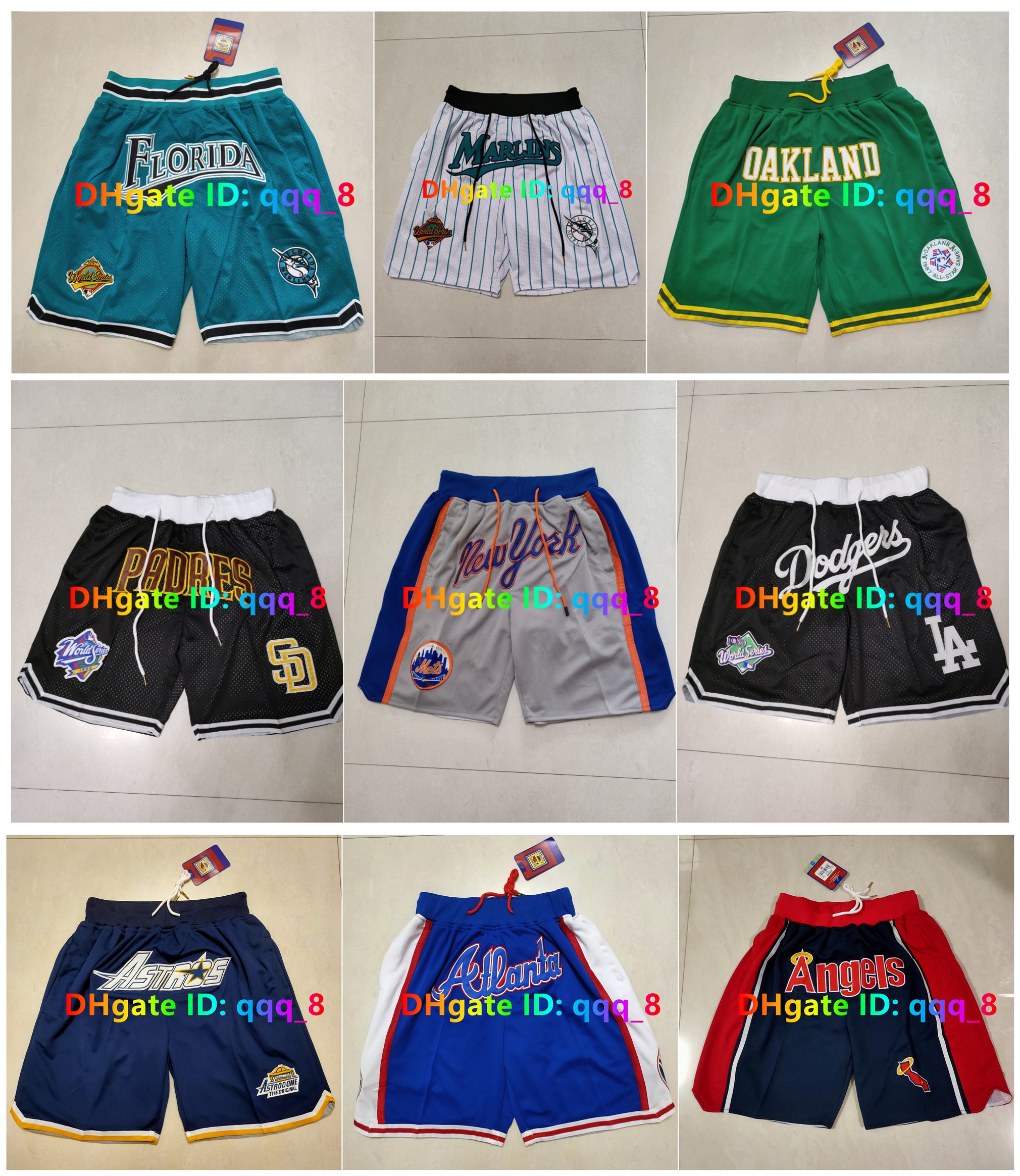 Team Baseball Shorts Jersey Cubs Zipper Pocket Pants Zipper Marlins Just Pader Astros Shorts Blue White Black Green Size S-XXL