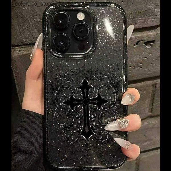 Cell Phone Cases Luxury Bling Glitter Gothic Cross Clear Phone Case For iPhone 15 13 14 12 11 Pro Max Plus X XS XR Dark Punk Religious Soft
