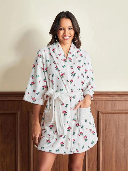 Clothing Home Fluffy Robes For Women Cute Cherry Fruit Floral Print Long Sleeve Shawl Collar Bathrobe Plush Kimono Spa Robe With Belt