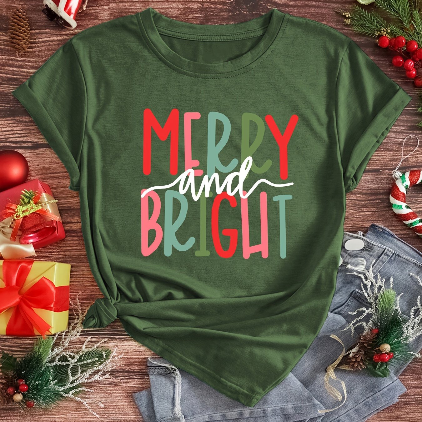 TEMU Women's Casual Short Sleeve T-shirt - "" Festive Letter Print, , Soft Breathable Fabric, Round Neck, Machine Washable, , Ladies T Shirts, ,