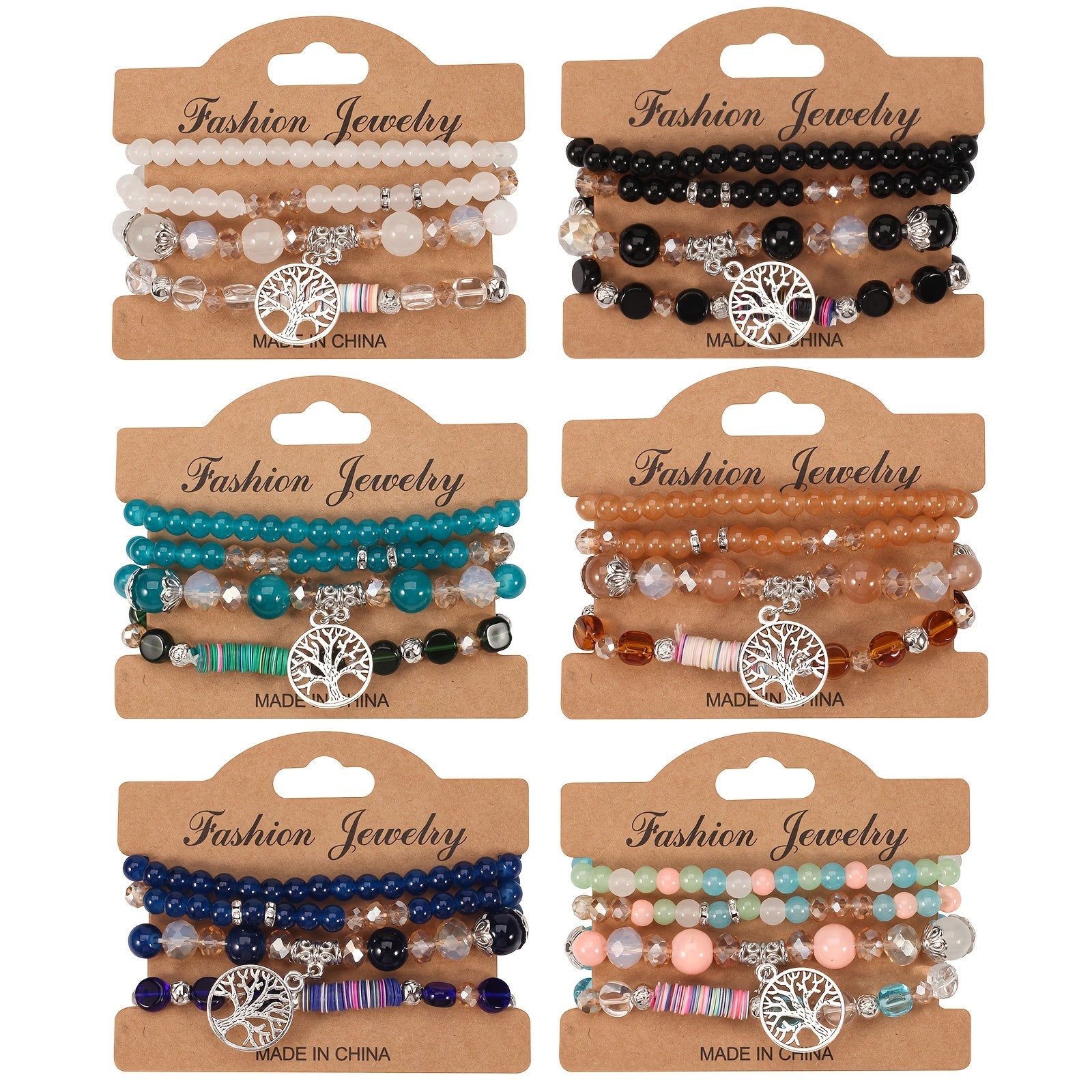 TEMU 6 Sets (24pcs) Women Bohemian Hand Stacked Bead Bracelet, Jewelry Sets, Sparkling Artificial Beaded Fashion Bracelet, Multi Layer Elastic