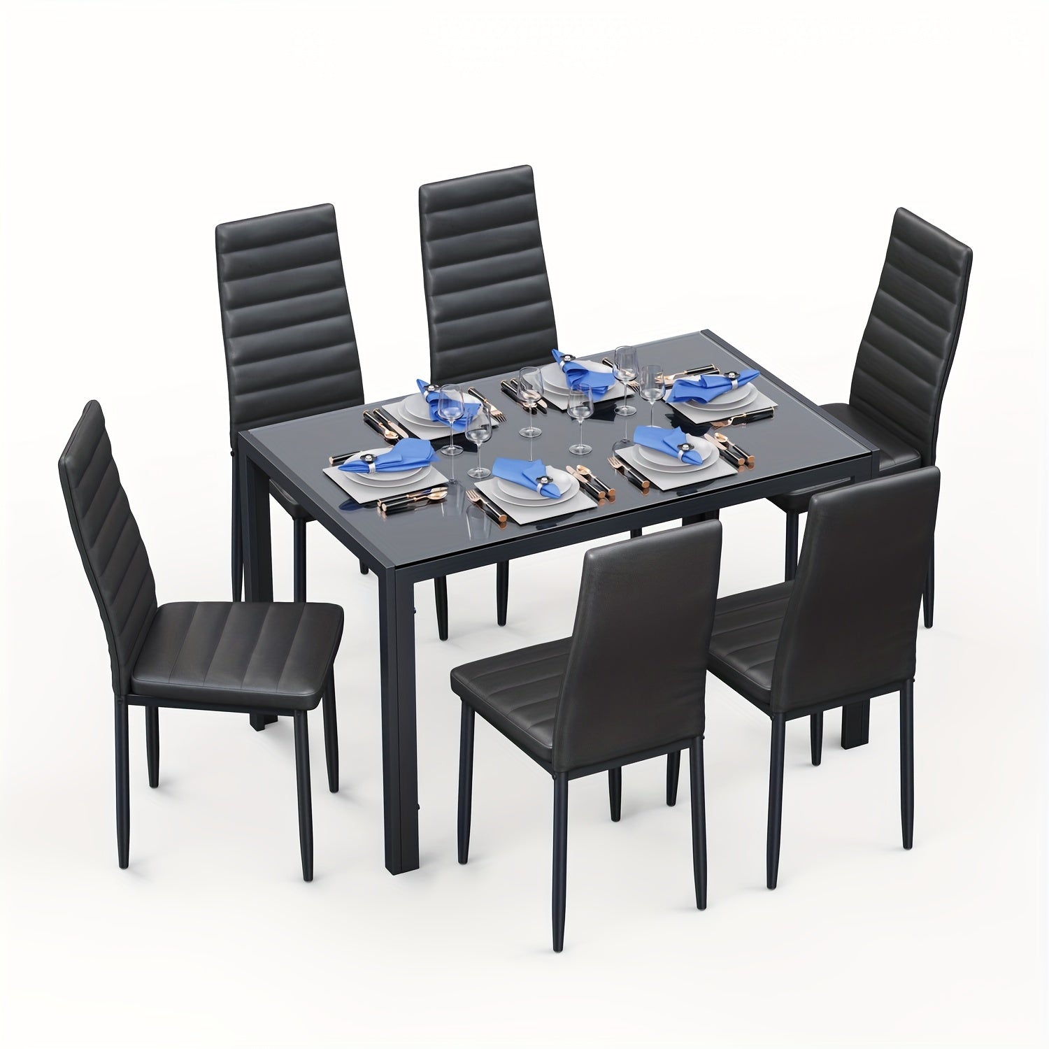 TEMU Opulent 7-piece Glass Dining Table Set, Ideal For 6 People, With Comfortable Pu Leather Chairs. Perfect For Elevating The Dining Experience In
