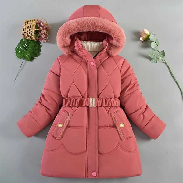 New Winter Keep Warm Girls Jacket Thick Solid Color Fur Collar Hooded Parkas Coat For 4-10 Years Kids Children Outdoor OuterwearXJ241214