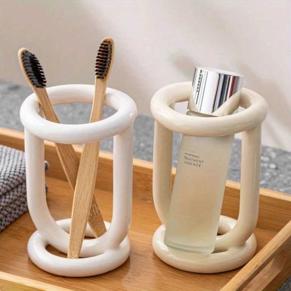 1PC Ceramic Toothbrush Holder Freestanding Toothpaste and Brush Organizer Multi-functional Tabletop for Utensils and Pens NoT250205