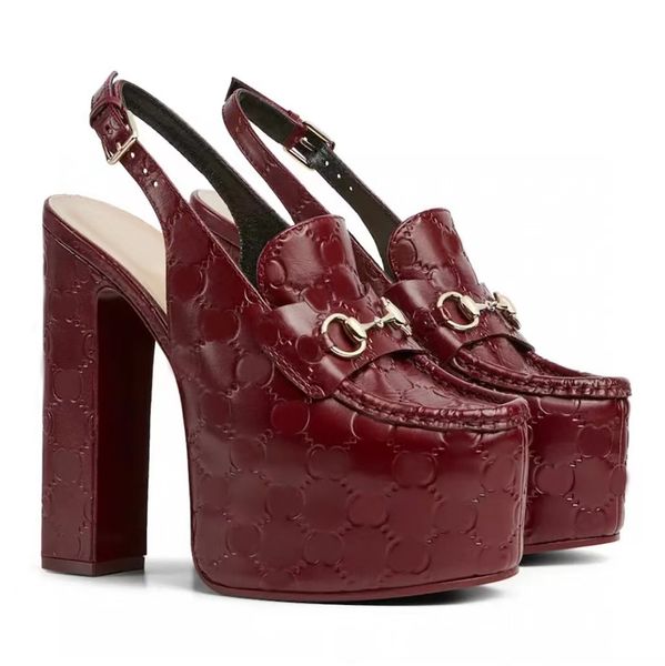 Heels Sandals Designers shoes cowhide hasp Printing decoration 14CM platform Platform Shoes Burgundy black Women&#039;s Slingbacks Chunky He