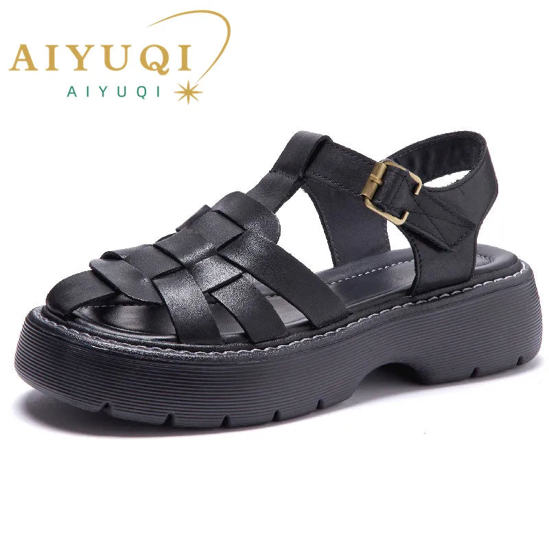 AIYUQI Sandals Women Summer Genuine Leather Baotou Roman Sandals Ladies Retro Hollow Woven Women Sandals