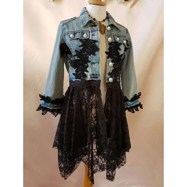 Women Denim Lace Patchwork Jacket Turn Down Collar Button Vintage Autunm Fashion Outerwear Top Casual Retro Denim Jeans Jackets