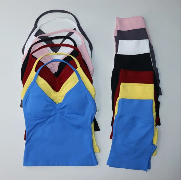 2Pcs Gym Set Women Sports Backless Tank Tops Vest High Waist Scrunch Seamless Shorts Gym Suit Fitness Clothes Activewear Workout Sets Yoga Tracksuit