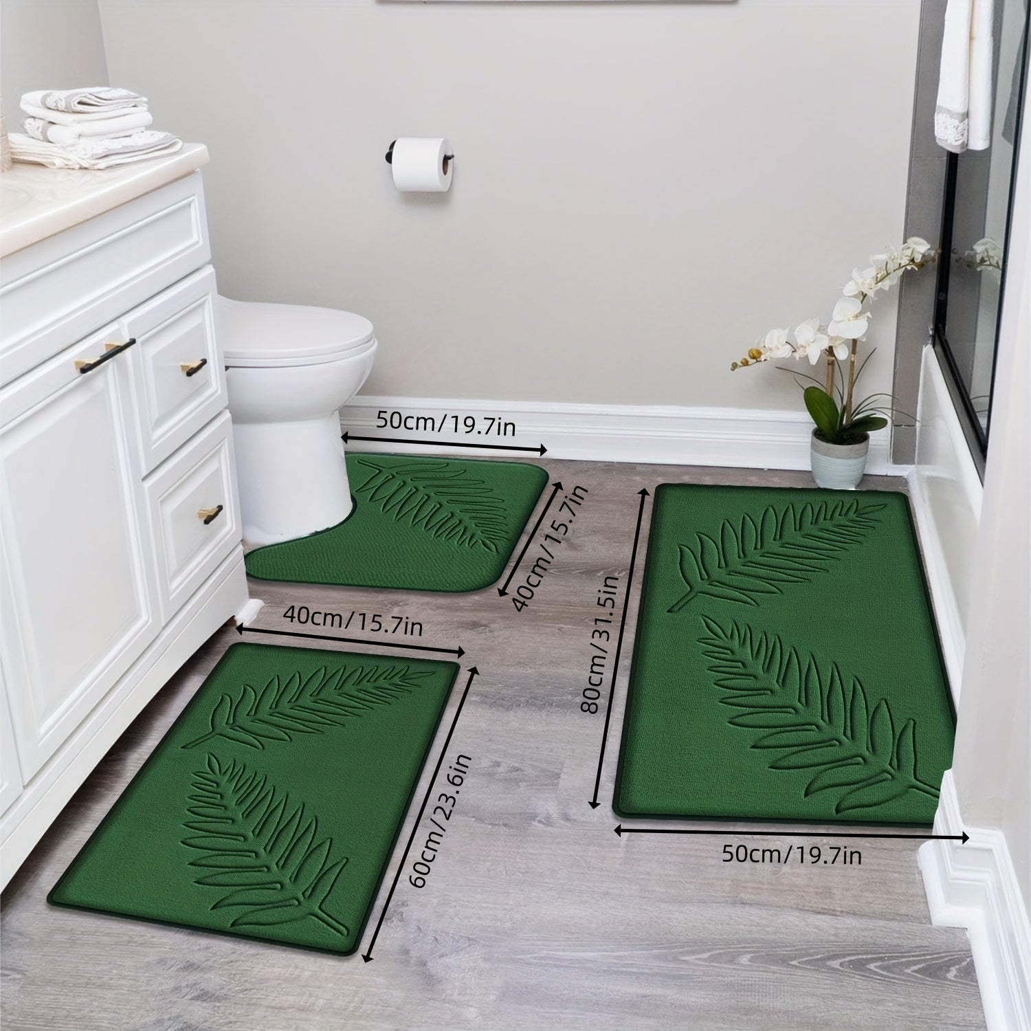 TEMU 3pcs Bathroom Carpet Set, Leaf Embossed Bath Mat Set, Non-slip, Machine Washable, Soft Memory Foam Bathroom Mat, U-shaped Toilet Seat, Suitable