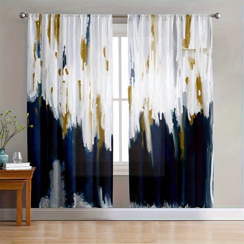 TEMU 2pcs Abstract Geometric Blue Golden Embellished Curtains White Curtains Modern Popular Curtains Suitable For Bedroom Living Room Kitchen Balcony