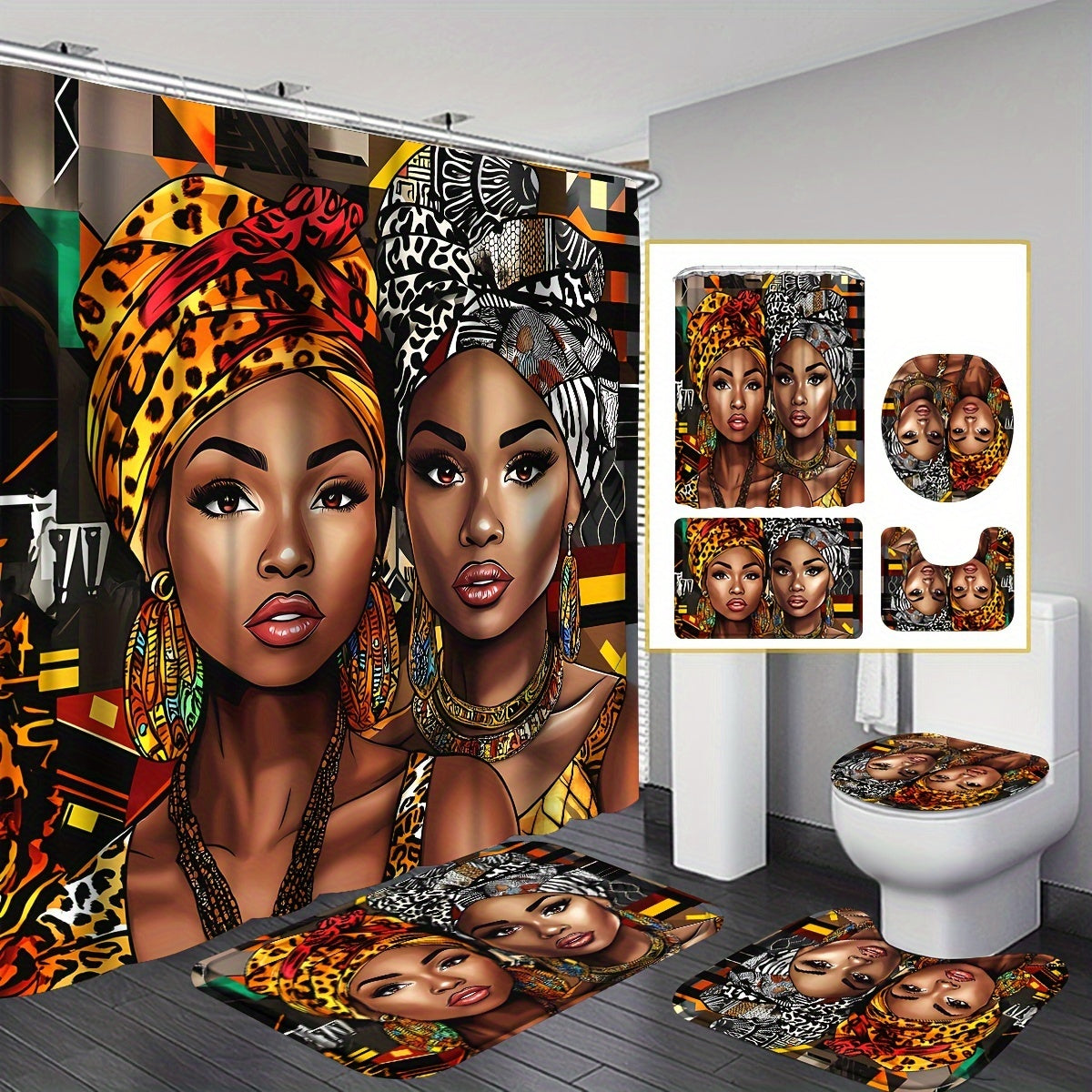 TEMU 4pcs-1pc African Shower Curtain Set, Bathroom Curtain With Hooks, Non-slip Rugs, Toilet Mat, Seat Cover, Machine Washable Bathroom Decoration