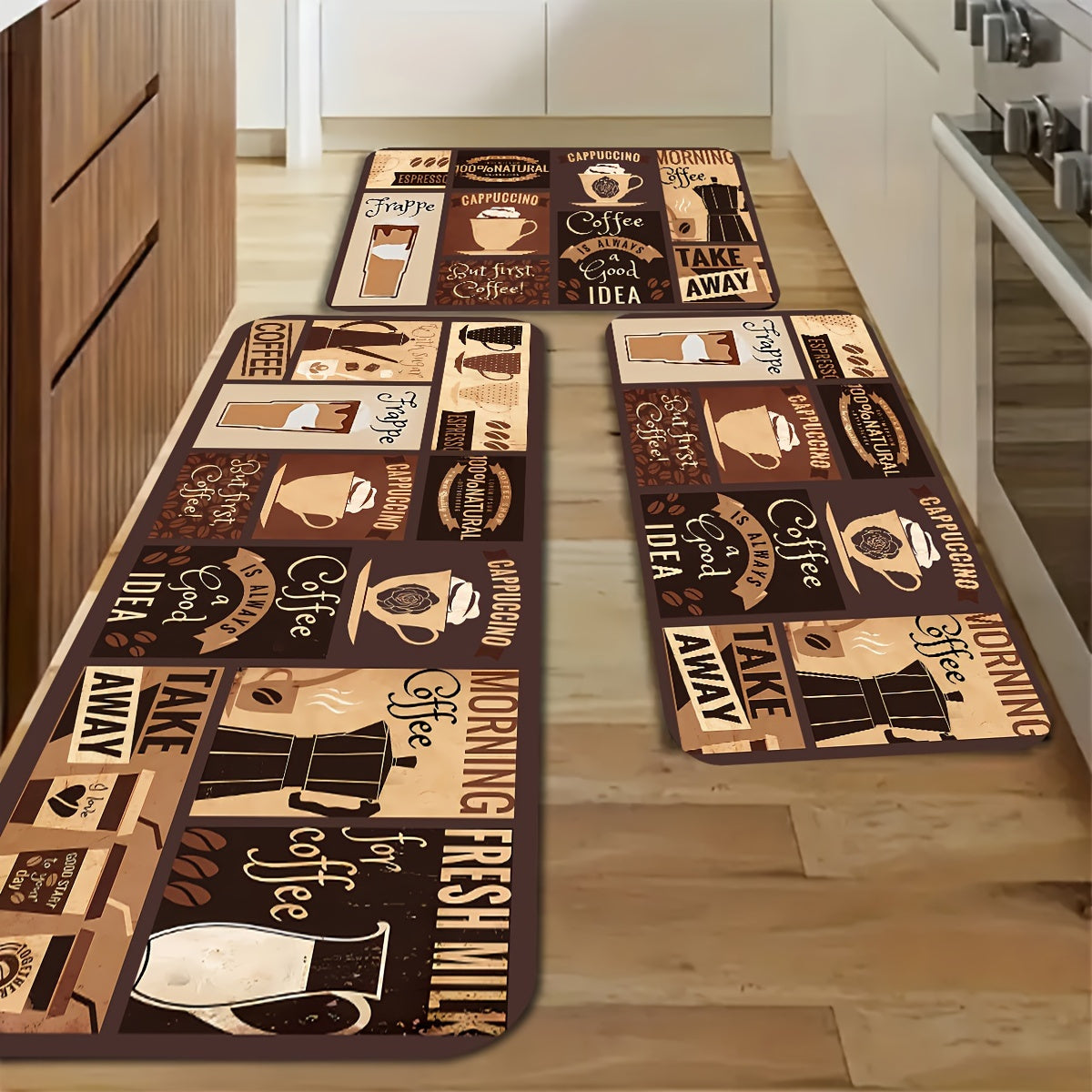 TEMU [2d Flat] Coffee-themed Non-slip Kitchen Mat Set With 2 Anti-slip Mats - Quick-dry, Machine-made Polyester, Ideal For Indoor & Outdoor Use,
