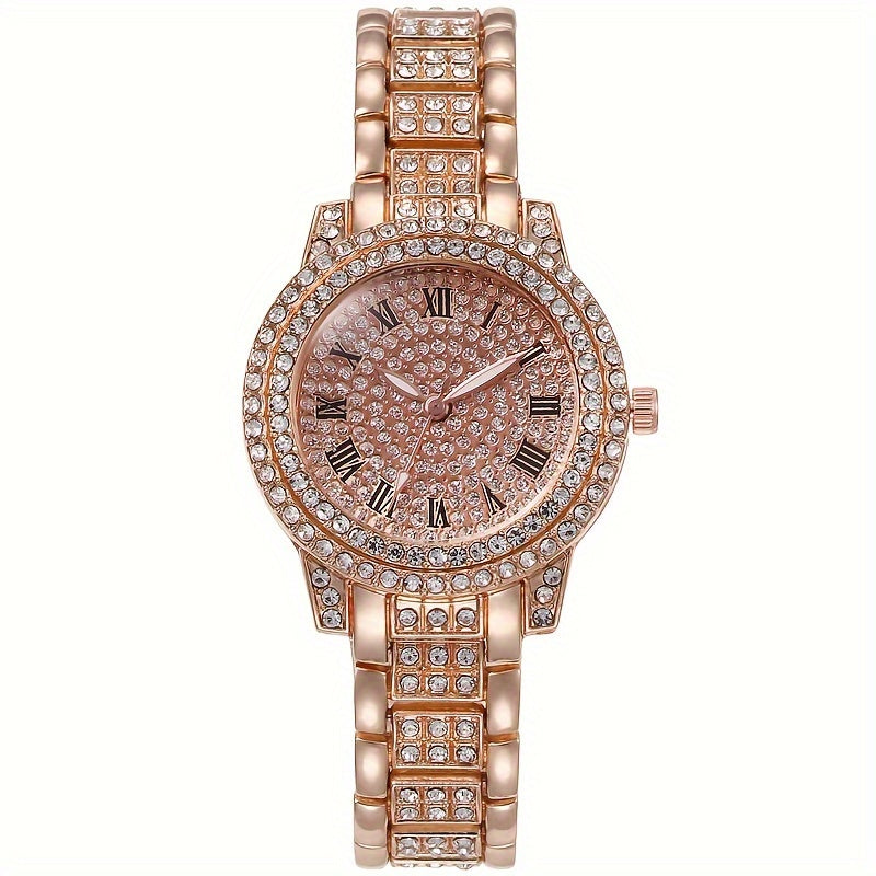 TEMU Women' Rose Golden - Quartz Watch With Roman Numeral, Pink Bezel & Alloy Case - Elegant Dress Watch For Weddings, Parties, Casual Attire, Luxury