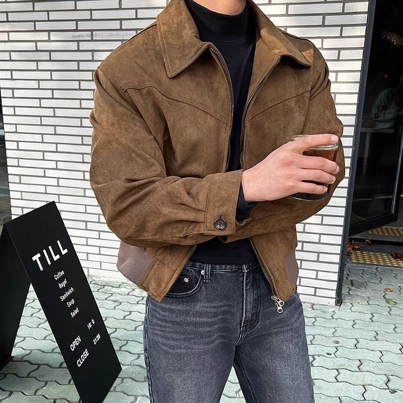 Mens Bomber Jacket Turn-down Collar Spring Retro Patchwork Zipper Pocket Short Coats Overcoat Streetwear Male Leather Jackets 240914